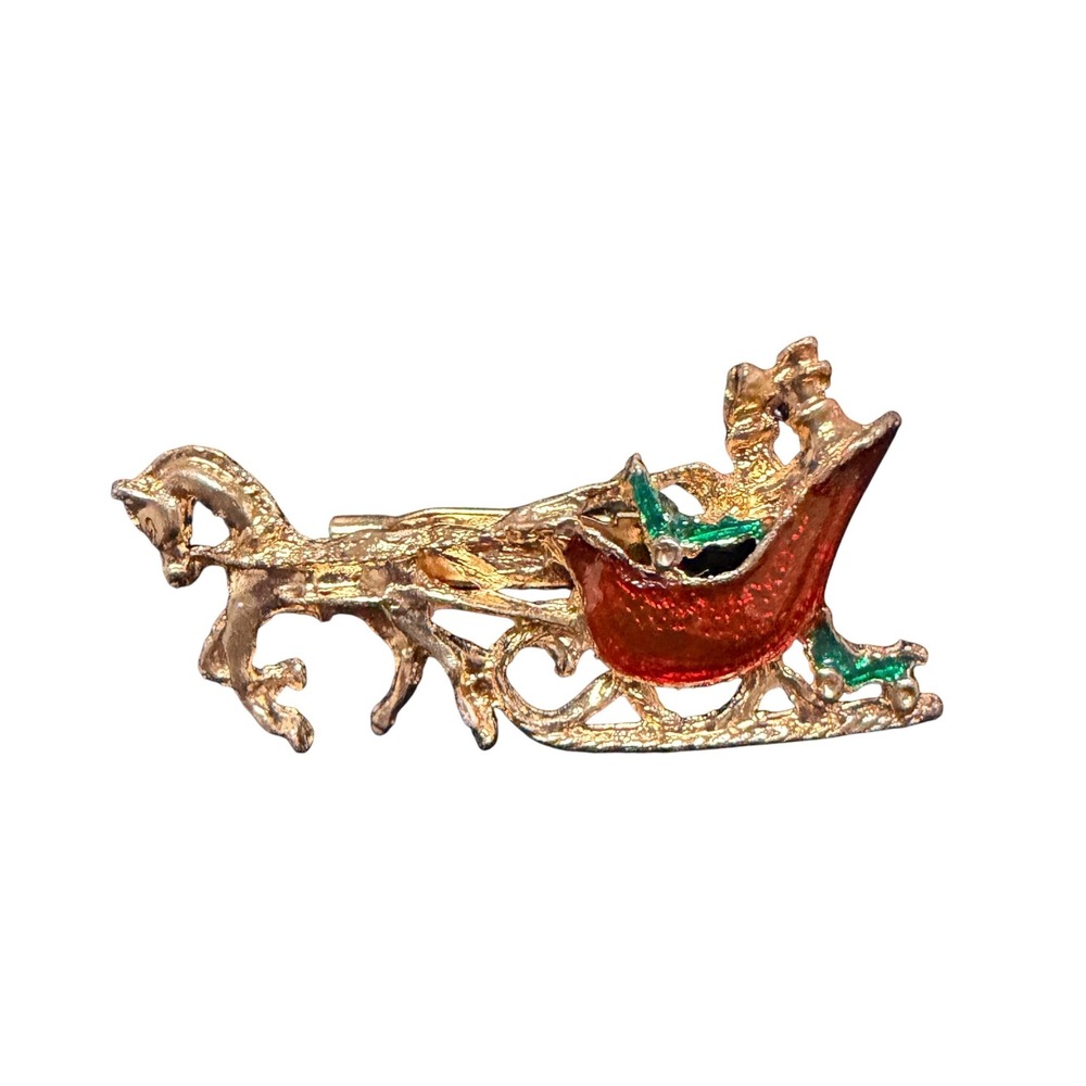 Vintage Gold Tone Horse Drawn Sleigh Christmas Brooch Red Green Enamel Pin